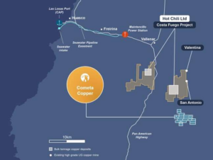 El Proyecto de Cobre Cometa en relación con el vecino Proyecto Costa Fuego de Hot Chili. Crédito: Bastion Minerals.
